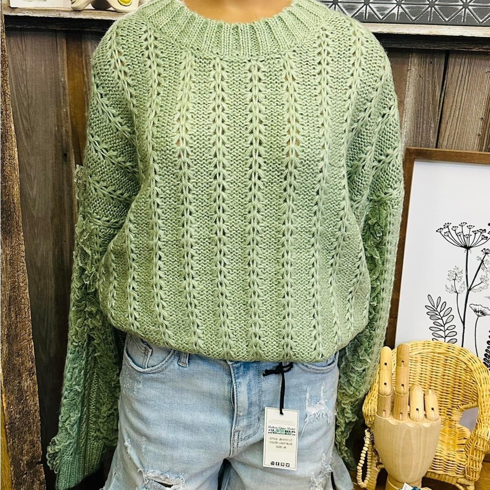 Sage Green Cable Knit Sweater With Lace Detail
